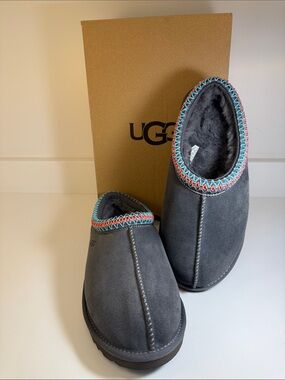 UGG Women’s Gray Tasman Shearling-Lined Slippers w/ Teal & Coral Trim - Size 7